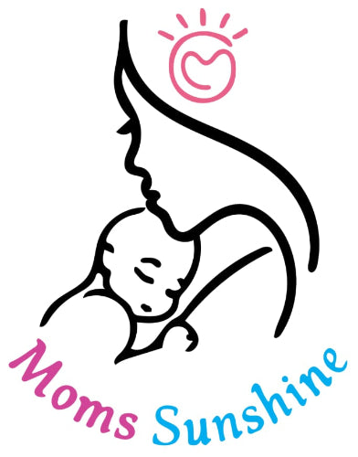 A logo-style graphic on a white background showing a black line drawing of a mother and child, with a pink sun icon above and the words 'Moms Sunshine' in pink and blue script below.